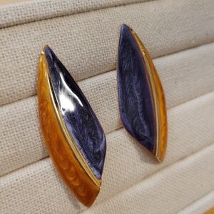 Beautiful 80s Lacquer Pierced Earrings • Purple & Orange on Goldtone